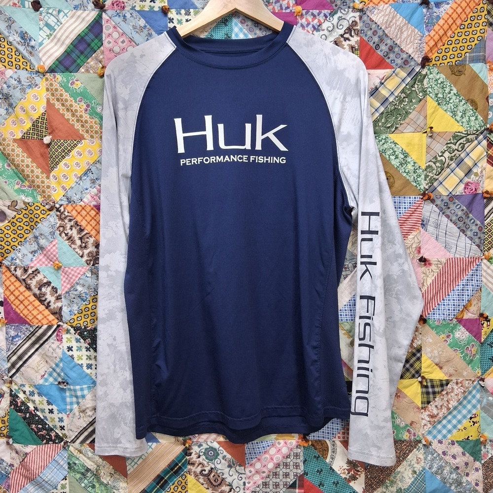 Huk Performance Fishing Shirt Mens Small Blue and Gray Sleeves